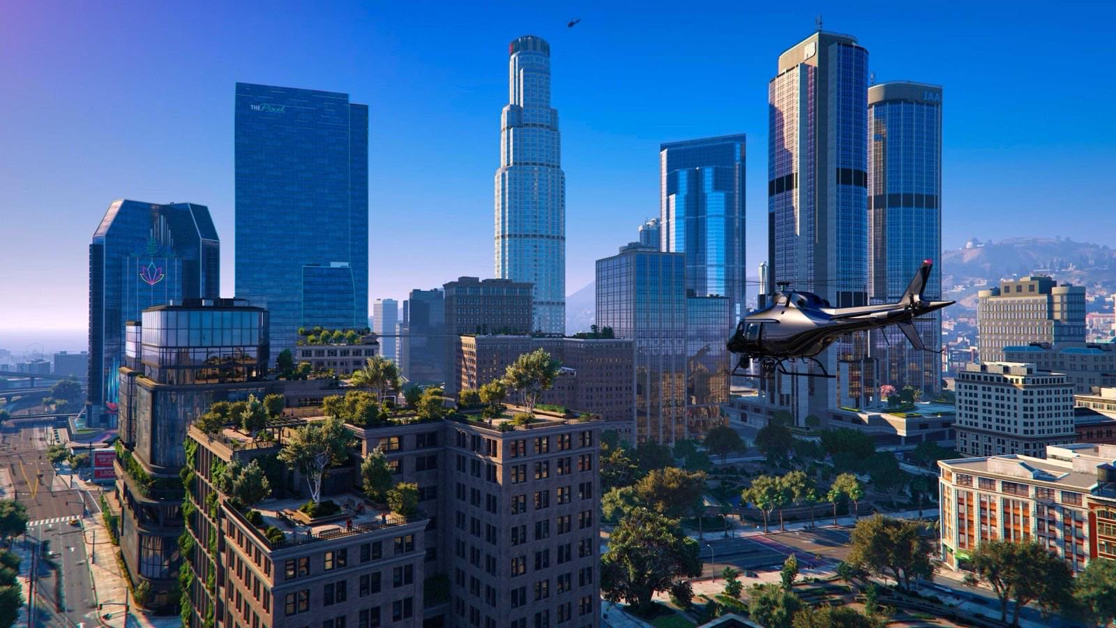 A helicopter above Los Santos in Grand Theft Auto V