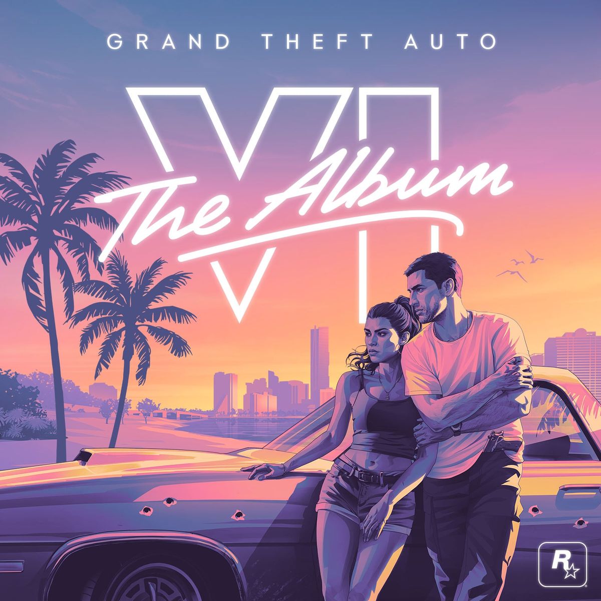 Grand Theft Auto VI: The Album cover art, Jason and Lucia leaning on a car in front of the Vice City skyline at sunset