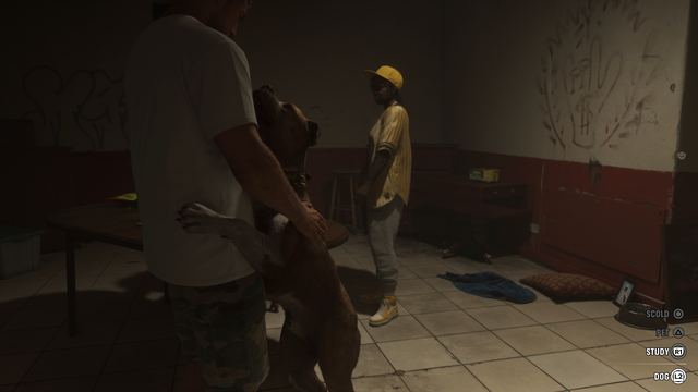 A dog jumping up to greet Jason. Still from official footage, Rockstar Games