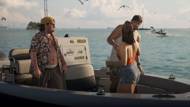 A fishing trip, gulls overhead. Still from official footage, Rockstar Games