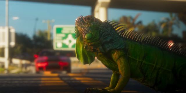 An iguana crossing the road. Still from official footage, Rockstar Games