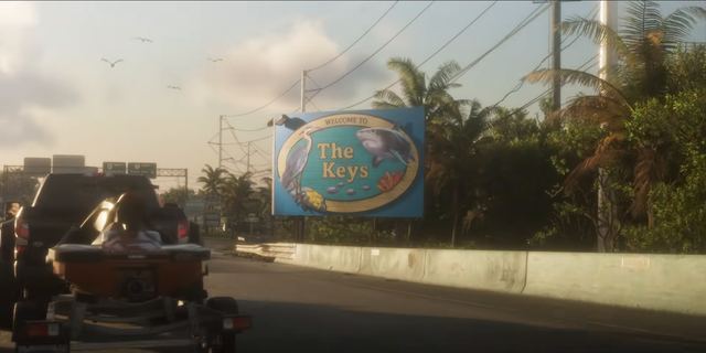 Gulls over the Welcome to The Keys sign. Still from official footage, Rockstar Games
