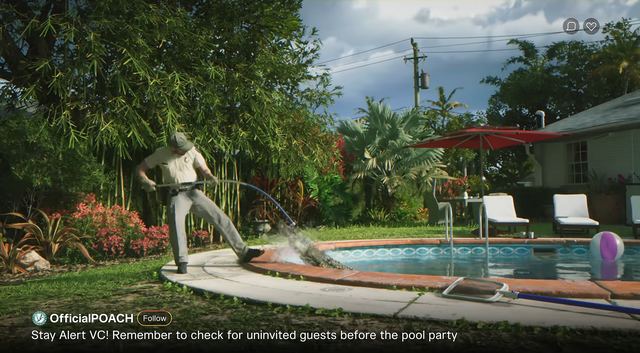 A gator in a backyard pool, and the POACH officer. Still from official footage, Rockstar Games