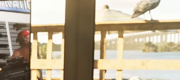 A gull on a deck railing. Still from official footage, Rockstar Games