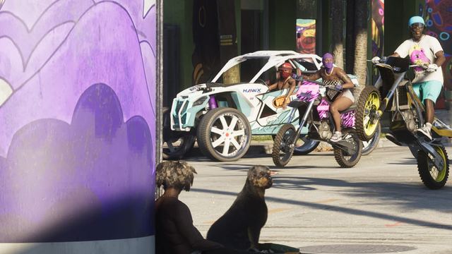 A dog on a Vice City street corner. Official GTA 6 screenshot, Rockstar Games