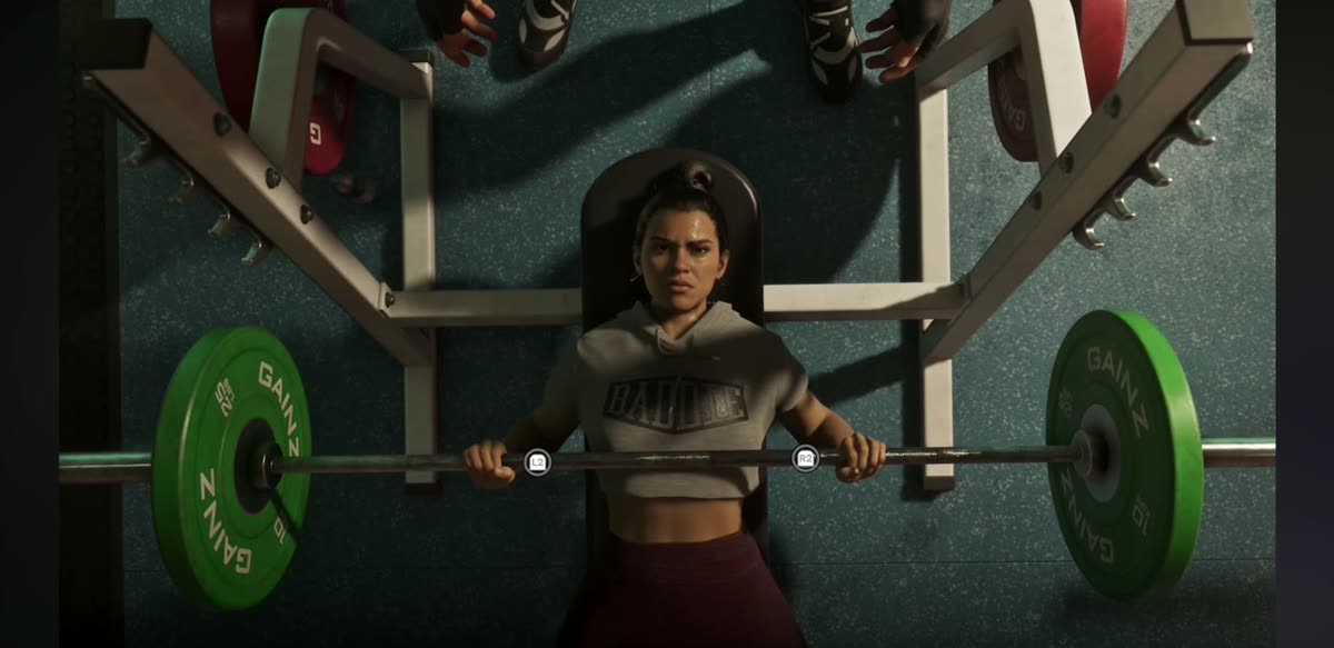 Lucia on a bench press in a GTA 6 gym