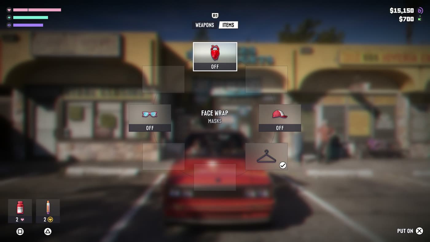 The GTA 6 items wheel showing a Masks category with face wrap, sunglasses, cap and a clothing hanger slot
