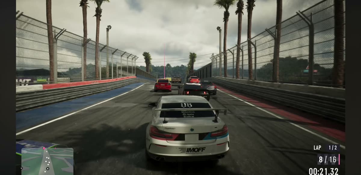 A GTA 6 race showing lap 1 of 2, position 8 of 16 and a split time