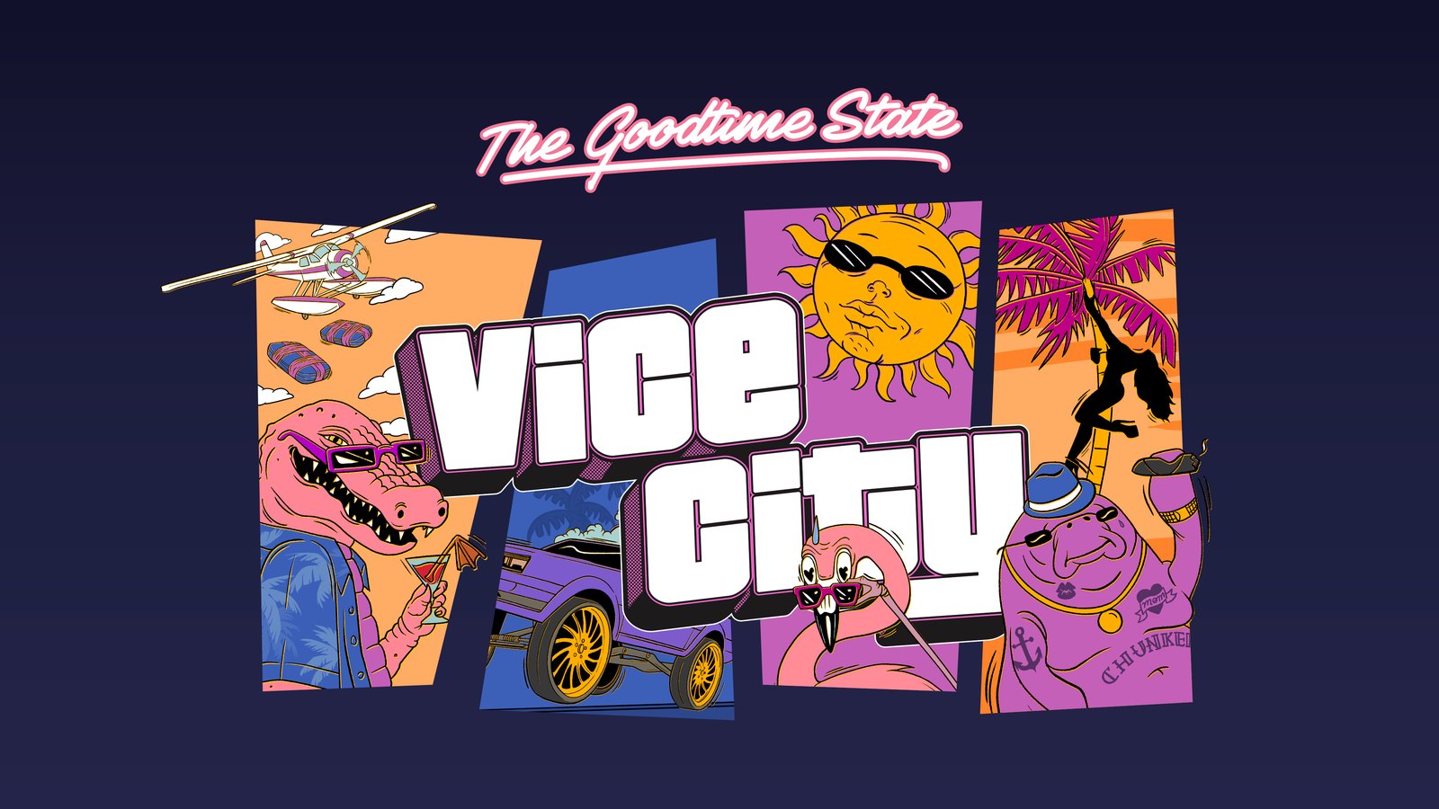 The Goodtime State Vice City artwork with Macca the Gator and Chunkee the Manatee