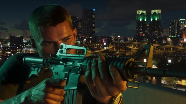 Jason aiming a rifle at night. Official GTA 6 screenshot, Rockstar Games
