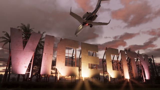 Jet over the Vice City sign. Official GTA 6 screenshot, Rockstar Games
