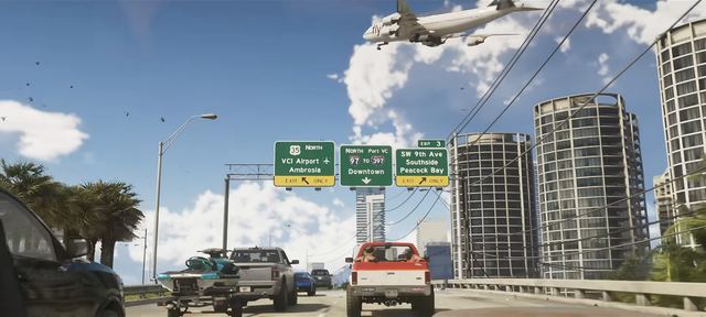 An airliner over the highway. Still from official footage, Rockstar Games