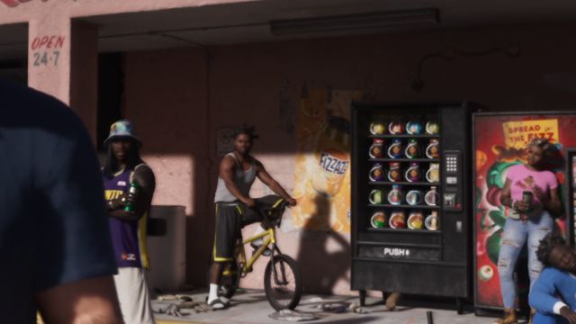 BMX outside a corner store. Still from official footage, Rockstar Games