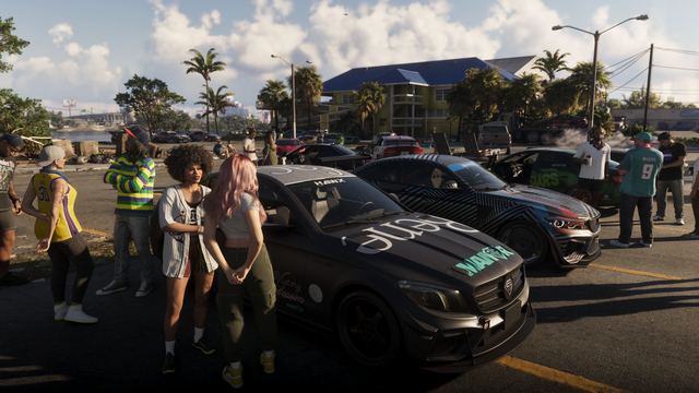 Car meet by the water. Still from official footage, Rockstar Games