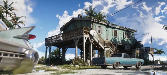 A stilt house by the water. Still from official footage, Rockstar Games