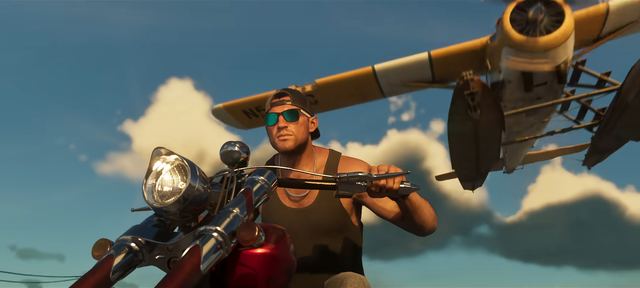 Jason on a cruiser, seaplane overhead. Still from official footage, Rockstar Games