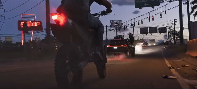 Dirt bike at dusk. Still from official footage, Rockstar Games