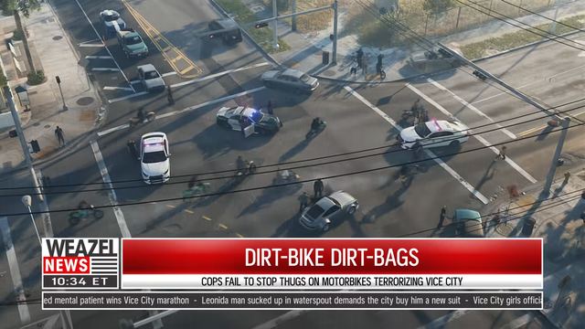 Weazel News: police versus dirt bikes. Still from official footage, Rockstar Games