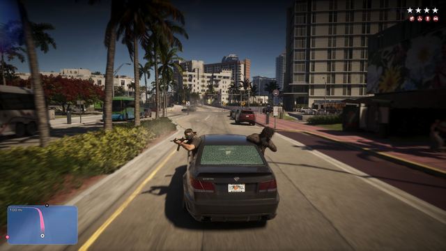 Shooting from the getaway car. Still from official footage, Rockstar Games