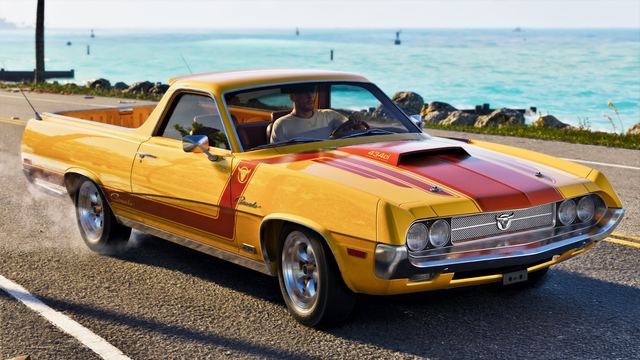Jason driving his Vapid Ganado in yellow with a red racing stripe