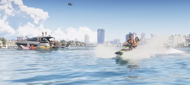 Jet ski past a yacht party. Still from official footage, Rockstar Games