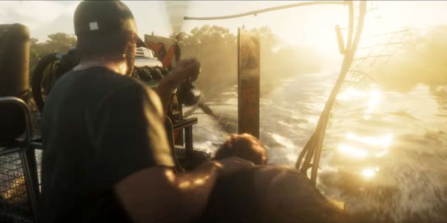 An airboat at sunset. Still from official footage, Rockstar Games