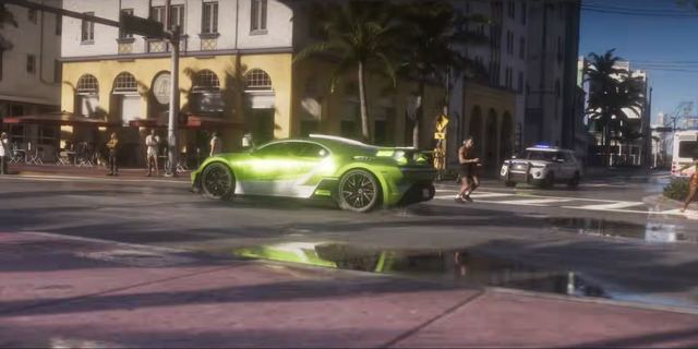 A lime green sports car on the strip. Still from official footage, Rockstar Games