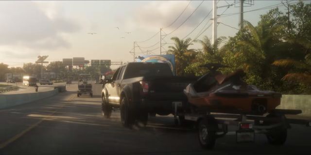A pickup towing a jet ski into the Keys. Still from official footage, Rockstar Games