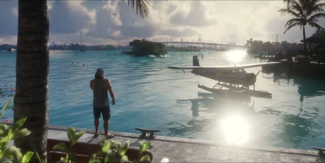 A seaplane off the dock. Still from official footage, Rockstar Games