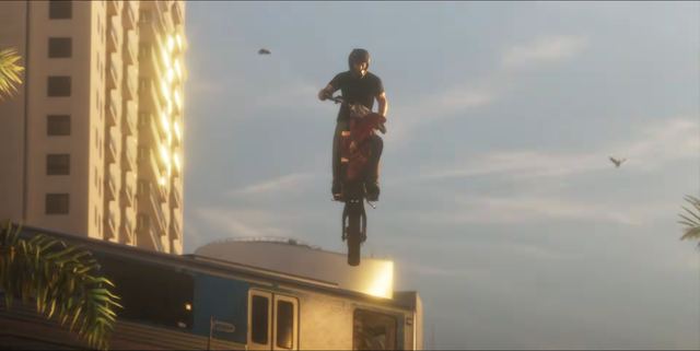 A dirt bike stunt jump. Still from official footage, Rockstar Games