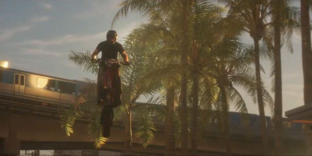 An elevated train passing behind the jump. Still from official footage, Rockstar Games