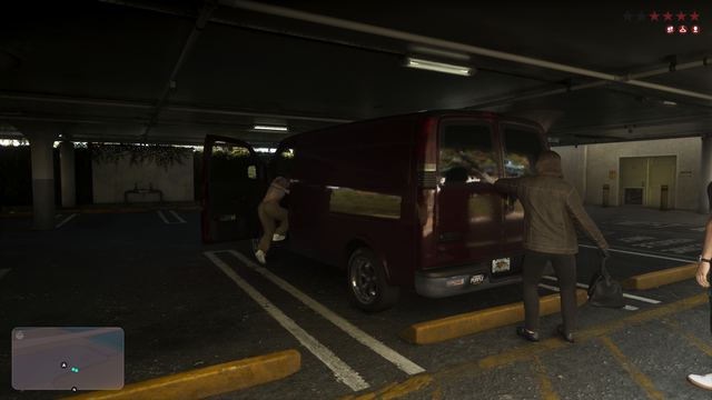Maroon van, the switch car. Still from official footage, Rockstar Games