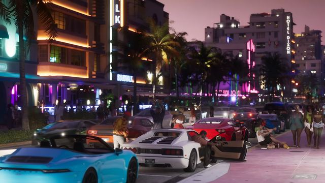 Convertibles on the neon strip. Still from official footage, Rockstar Games