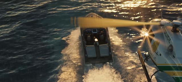 A speedboat chased by police. Still from official footage, Rockstar Games