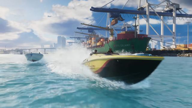 Speedboats at the port. Still from official footage, Rockstar Games