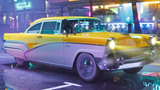 The '55 Vapid Stanier with Jason and Lucia inside at night