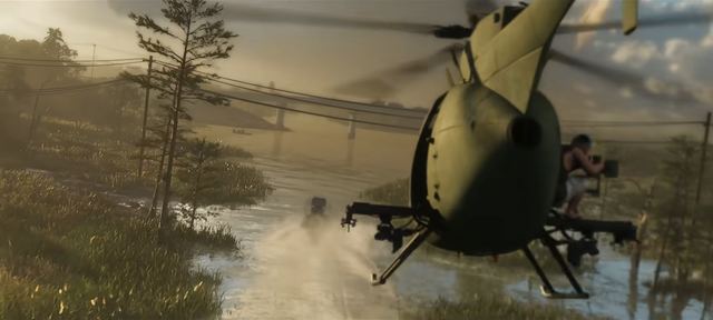 A helicopter low over the swamp. Still from official footage, Rockstar Games