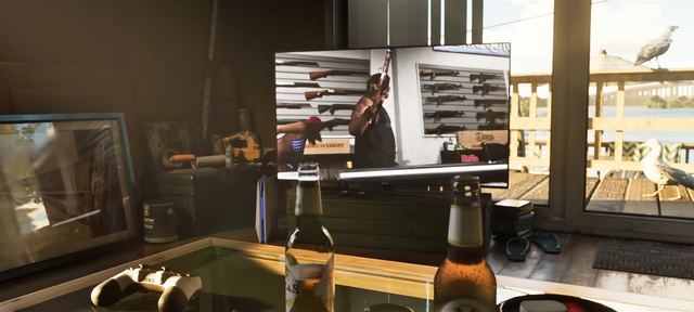 Gun store ad on TV. Still from official footage, Rockstar Games