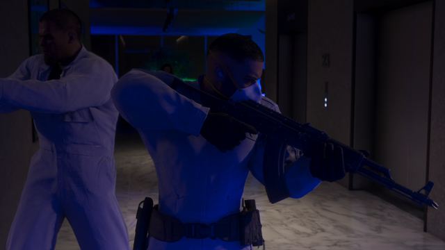 Gunman with an assault rifle. Still from official footage, Rockstar Games