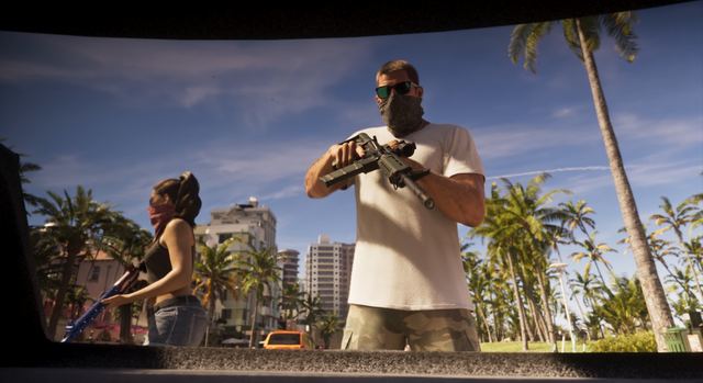 Jason with an assault rifle. Still from official footage, Rockstar Games