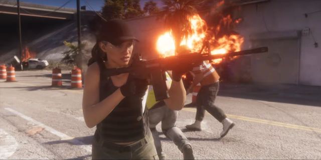 Lucia firing a rifle. Still from official footage, Rockstar Games