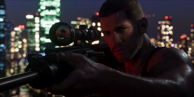 A scoped rifle on a rooftop. Still from official footage, Rockstar Games