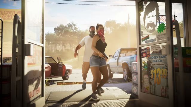 Lucia, pistol out. Still from official footage, Rockstar Games