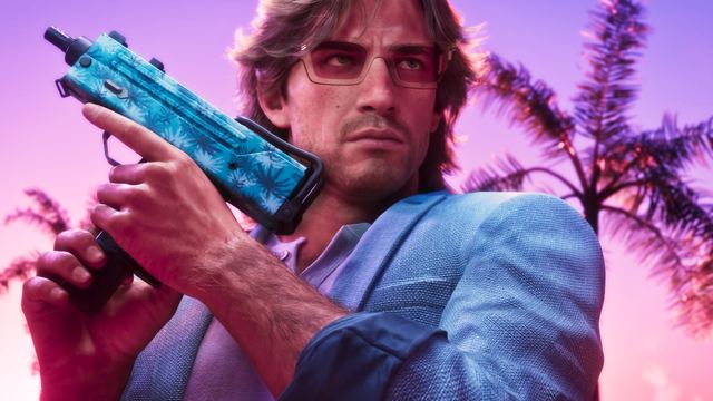 Jason holding a submachine gun in the tropical pattern