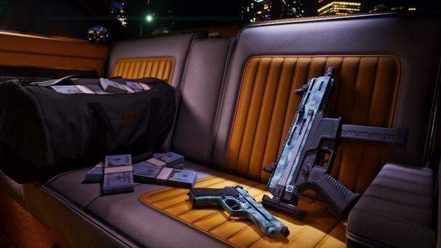 Patterned guns and a bag of cash on the Stanier's back seat