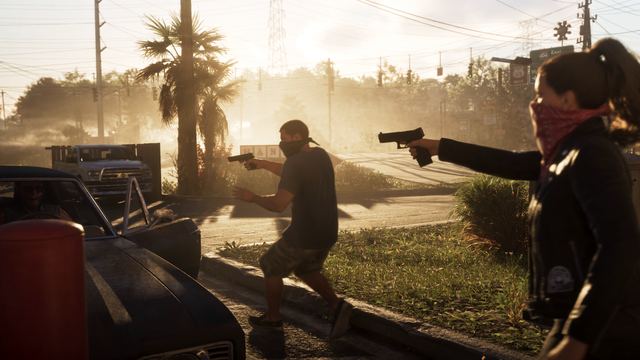 Pistol fight in the street. Still from official footage, Rockstar Games