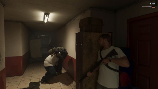 Pump shotgun in an apartment raid. Still from official footage, Rockstar Games