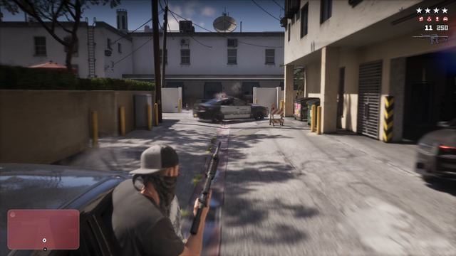 Rifle behind cover, police closing in. Still from official footage, Rockstar Games
