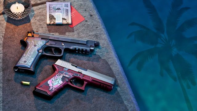 Engraved versions of Jason's Girardi ES9 and Lucia's Klose K17 by a pool