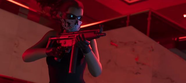 A bank job, skull mask on. Still from official footage, Rockstar Games